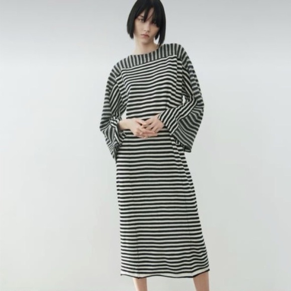 NWT Zara Wool Striped Midi Dress Black/White‎ Small Minimalist Parisian Artsy